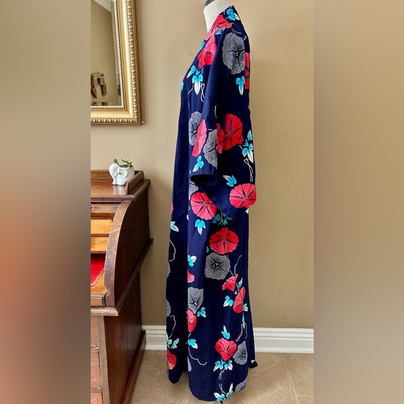 Japanese Floral Kimono Yukata Cotton Long Robe Navy Blue Red Morning Glory - Picture 7 of 11